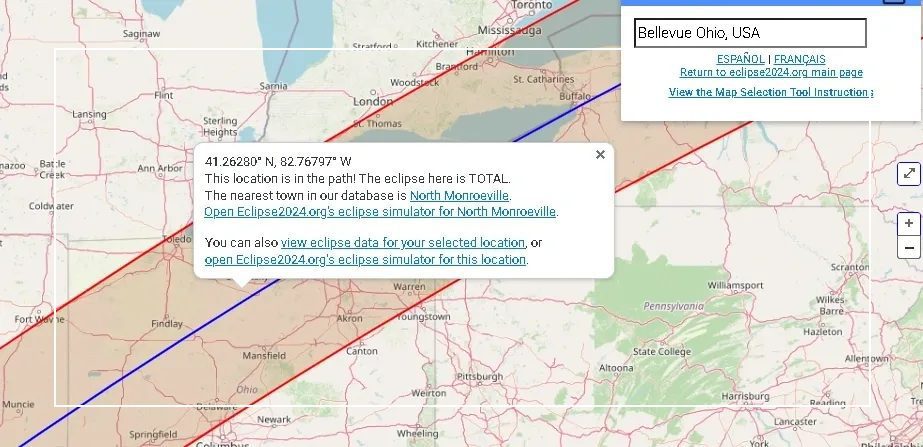 A map of the 2024 total solar eclipse over gotta getaway rv park and its path in the sky.