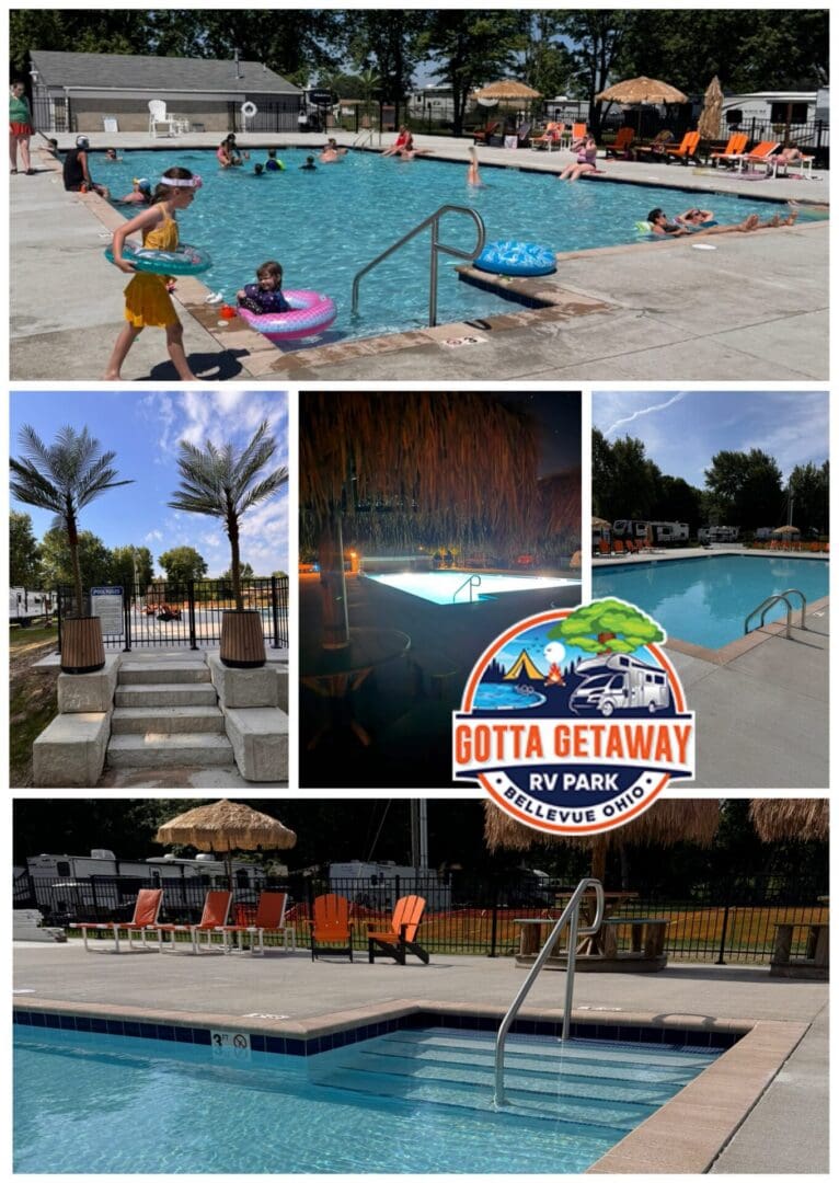 New resort style heated pool collage of photos of the new pool area and rv park guests swimming in the pool at Gotta Getaway RV Park